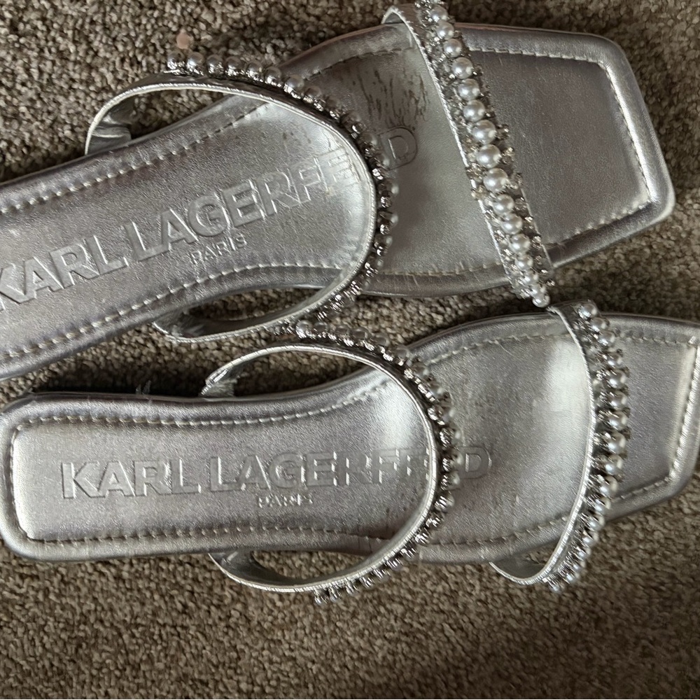 Karl Lagerfeld Silver Pearl & Crystal Slide Sandals